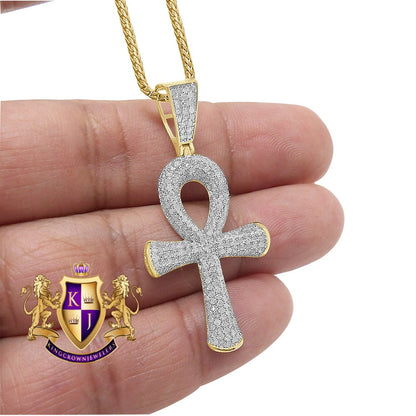 Real Genuine Diamond 1.45 Cwt. Egyptian Ankh Cross Pendant 10K Gold Finish Charm Chain Set Unisex 1.80''