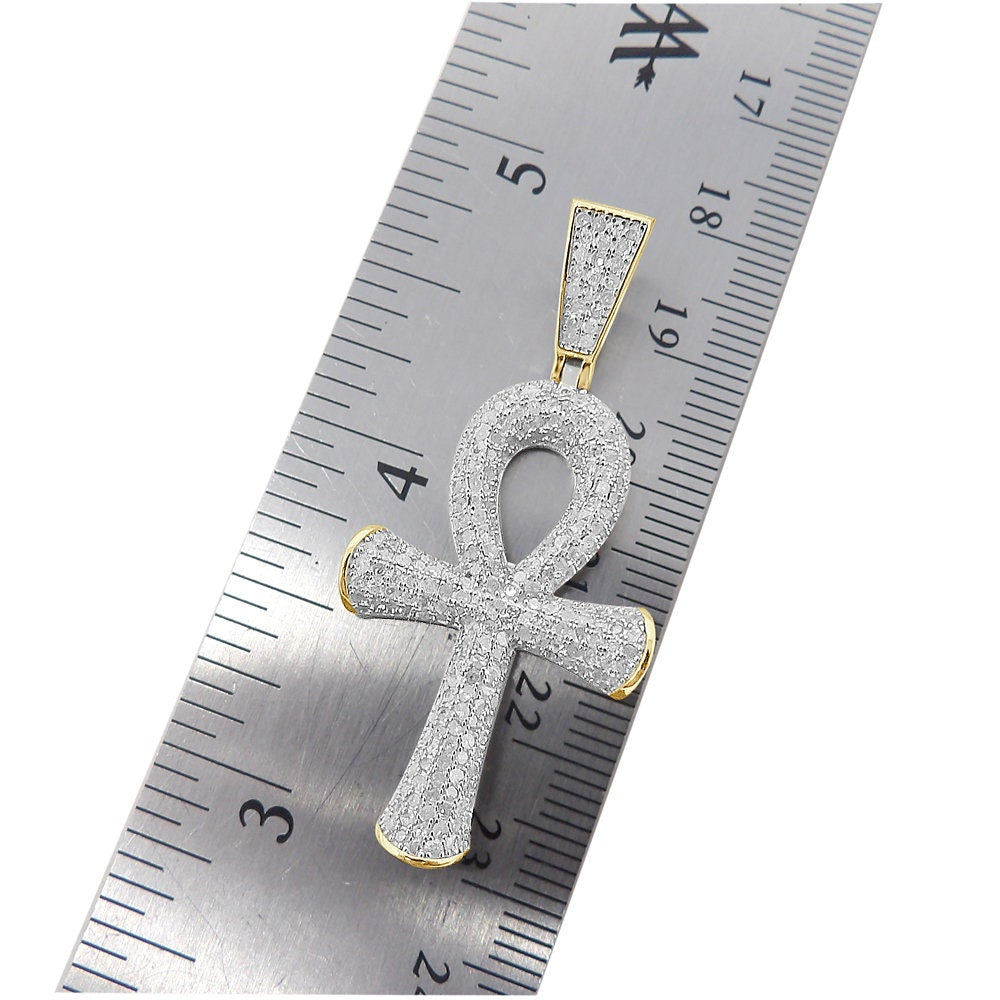 Real Genuine Diamond 1.45 Cwt. Egyptian Ankh Cross Pendant 10K Gold Finish Charm Chain Set Unisex 1.80''