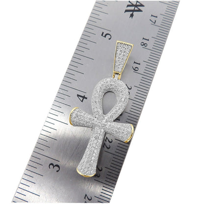 Real Genuine Diamond 1.45 Cwt. Egyptian Ankh Cross Pendant 10K Gold Finish Charm Chain Set Unisex 1.80''
