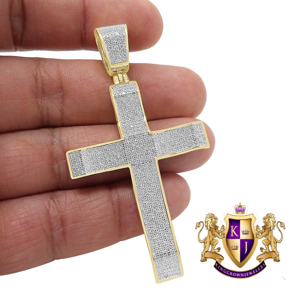 Big 2.75'' Real Genuine Authentic Diamond 0.85 Cwt. 10K Gold Over Jesus Cross Religious Charm Designer Pendent