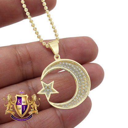 Mini 1.25 ''Real Genuine Sterling Silver Allah Muslim Islamic Crescent Moon and Star Charm Simulated Diamond Pendant Chain Set