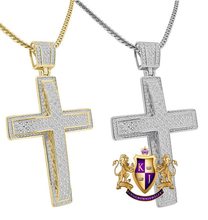 Real Genuine Diamond 0.44 Cwt. Jesus Cross Piece Pendent Charm Chain Set 10K White Gold Finish 2''