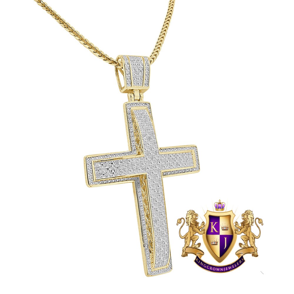 Real Genuine Diamond 0.44 Cwt. Jesus Cross Piece Pendent Charm Chain Set 10K White Gold Finish 2''