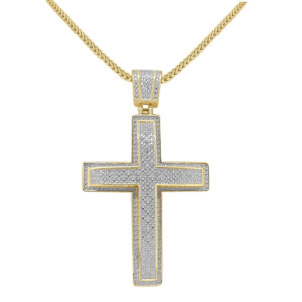 Real Genuine Diamond 0.44 Cwt. Jesus Cross Piece Pendent Charm Chain Set 10K White Gold Finish 2''