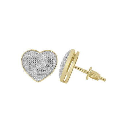 Unisex Real Genuine Diamonds 10K Gold Over Love Heart Shape Screw Back Earrings Stud Small 12 mm
