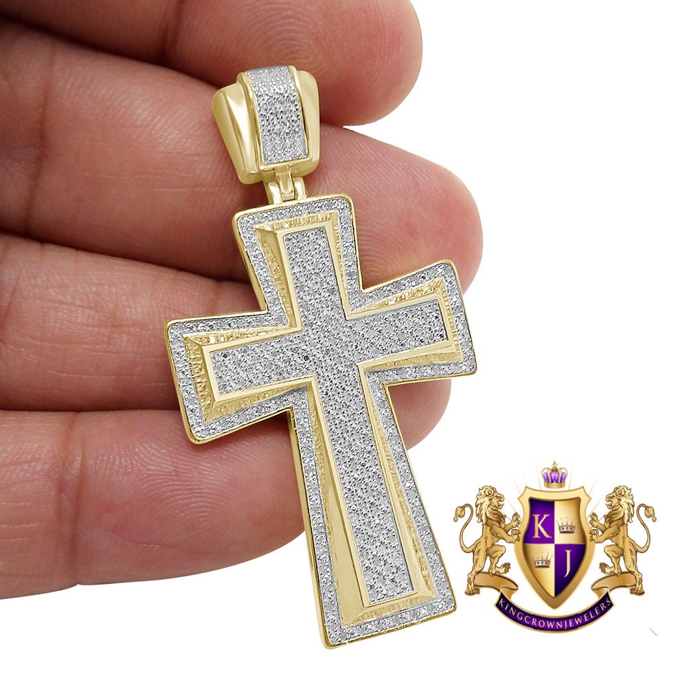 Men's Real Genuine Diamond 0.85 Cwt. Jesus Cross Piece Pave 10K Gold Over Designer Religious Pendant Charm 2''