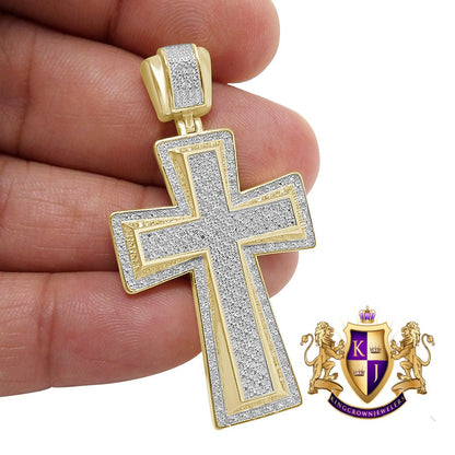 Men's Real Genuine Diamond 0.85 Cwt. Jesus Cross Piece Pave 10K Gold Over Designer Religious Pendant Charm 2''