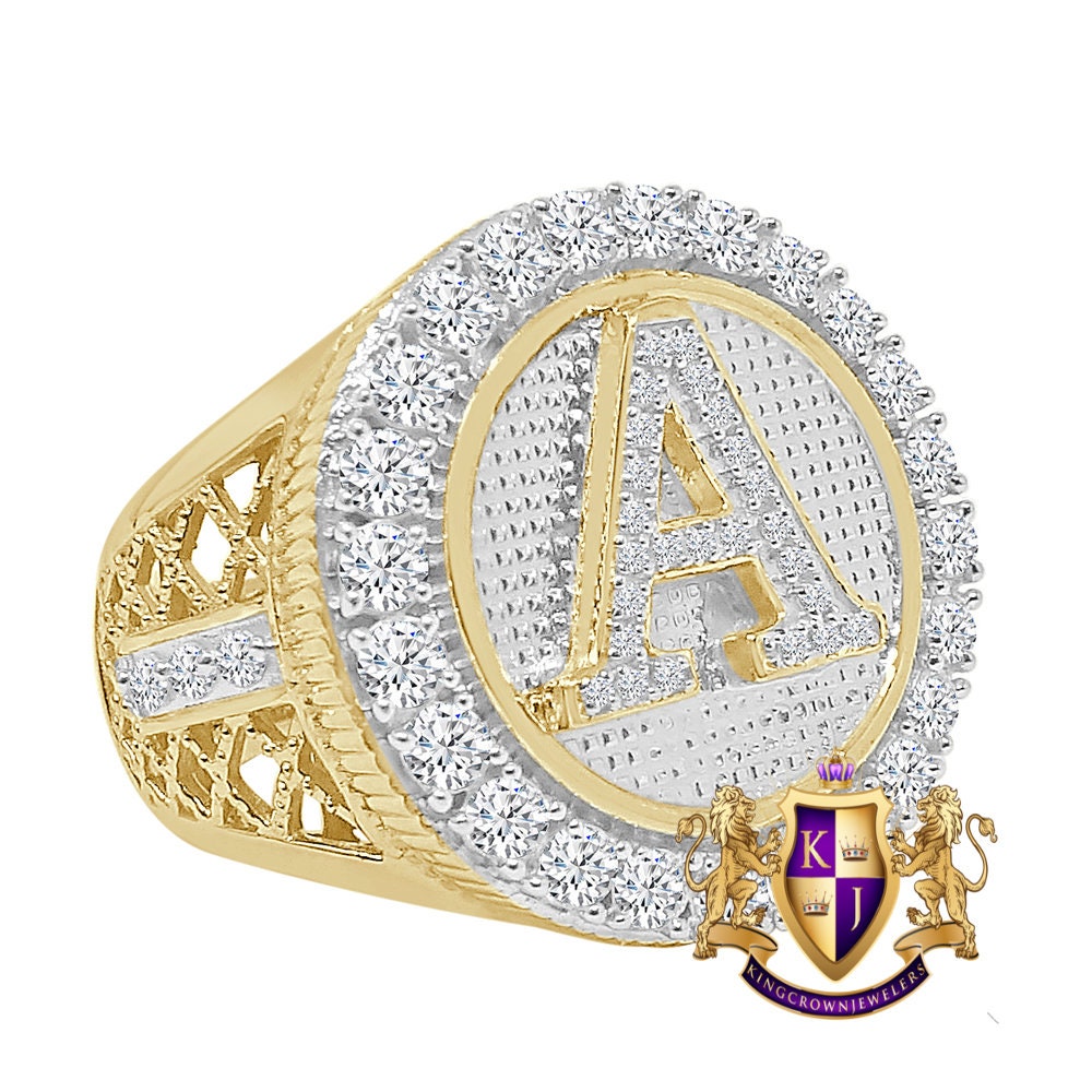 Men's Real Genuine Yellow Gold Sterling Silver 2.00 Cwt. Simulated Diamond Initial Letter Alphabet Ring Band (Adjustable 9 Up To 10 )