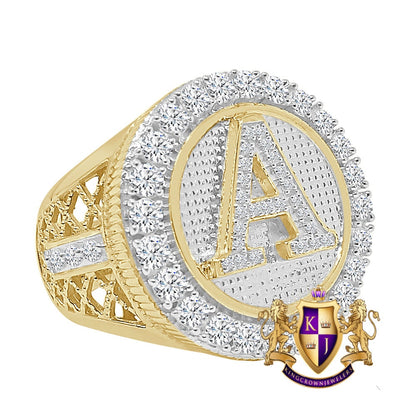 Men's Real Genuine Yellow Gold Sterling Silver 2.00 Cwt. Simulated Diamond Initial Letter Alphabet Ring Band (Adjustable 9 Up To 10 )