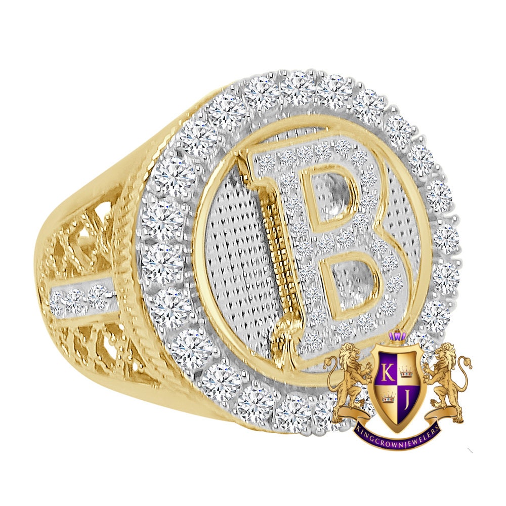 Men's Real Genuine Yellow Gold Sterling Silver 2.00 Cwt. Simulated Diamond Initial Letter Alphabet Ring Band (Adjustable 9 Up To 10 )