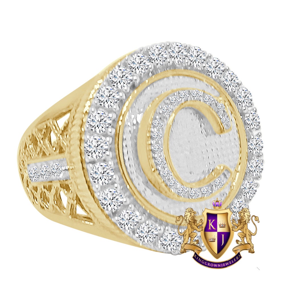 Men's Real Genuine Yellow Gold Sterling Silver 2.00 Cwt. Simulated Diamond Initial Letter Alphabet Ring Band (Adjustable 9 Up To 10 )