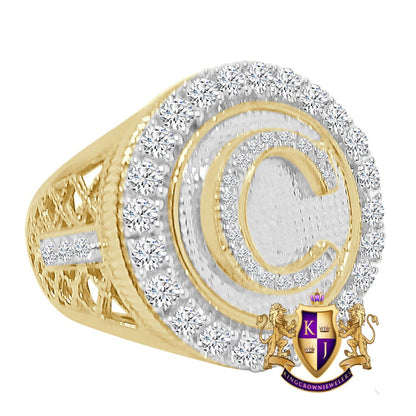 Men's Real Genuine Yellow Gold Sterling Silver 2.00 Cwt. Simulated Diamond Initial Letter Alphabet Ring Band (Adjustable 9 Up To 10 )