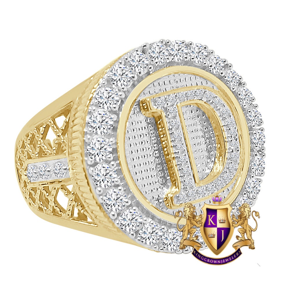 Men's Real Genuine Yellow Gold Sterling Silver 2.00 Cwt. Simulated Diamond Initial Letter Alphabet Ring Band (Adjustable 9 Up To 10 )
