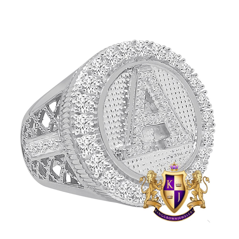 Men's Big Bold 14K White Gold Over Real Genuine Sterling Silver Simulated Diamond Initial Letter Alphabet Ring Band (Adjustable 9 Up To 10 )