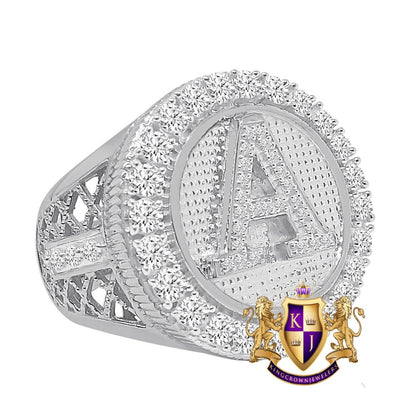 Men's Big Bold 14K White Gold Over Real Genuine Sterling Silver Simulated Diamond Initial Letter Alphabet Ring Band (Adjustable 9 Up To 10 )