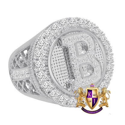 Men's Big Bold 14K White Gold Over Real Genuine Sterling Silver Simulated Diamond Initial Letter Alphabet Ring Band (Adjustable 9 Up To 10 )
