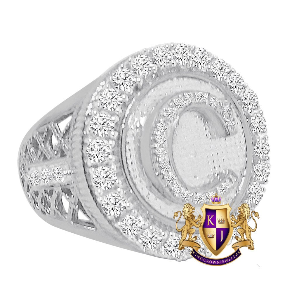 Men's Big Bold 14K White Gold Over Real Genuine Sterling Silver Simulated Diamond Initial Letter Alphabet Ring Band (Adjustable 9 Up To 10 )