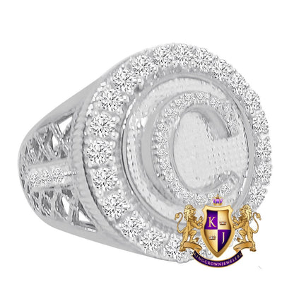 Men's Big Bold 14K White Gold Over Real Genuine Sterling Silver Simulated Diamond Initial Letter Alphabet Ring Band (Adjustable 9 Up To 10 )