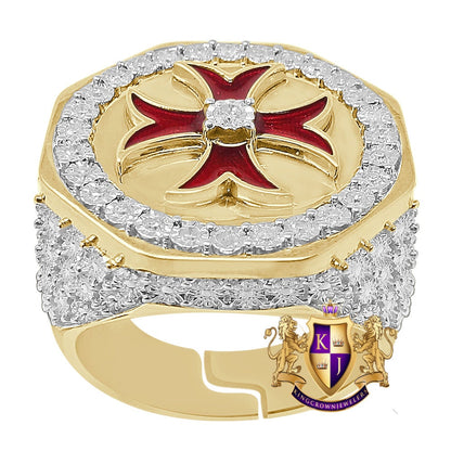 Men's Real Genuine Diamond 0.30 Cwt. 10K Gold Over Knight Templar Cross Enamel Masonic Ring Band (Adjustable Size 10 Up To 12)