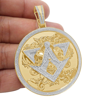 Real Genuine Diamond Big 2.75'' Masonic Freemason Illuminati Evil Eye Skull Pendent 10K Gold Finish Custom Charm 27 + Grams