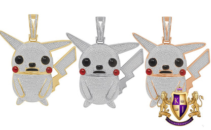 Real Genuine Diamond 0.40 Cwt. Cartoon Character Pikachu Pendant 23 + Grams 10K Gold Over Charm 2.25''