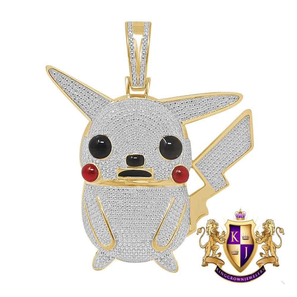 Real Genuine Diamond 0.40 Cwt. Cartoon Character Pikachu Pendant 23 + Grams 10K Gold Over Charm 2.25''