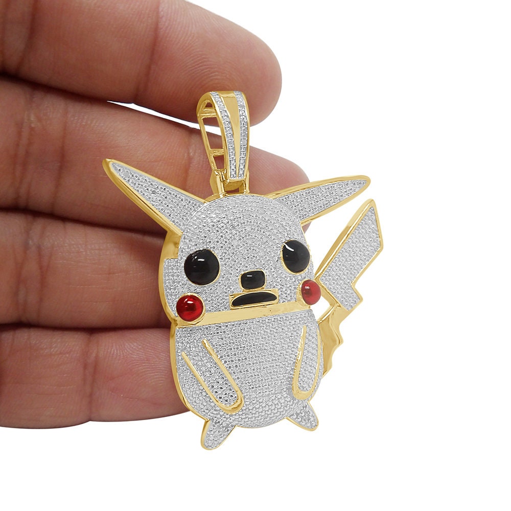 Real Genuine Diamond 0.40 Cwt. Cartoon Character Pikachu Pendant 23 + Grams 10K Gold Over Charm 2.25''