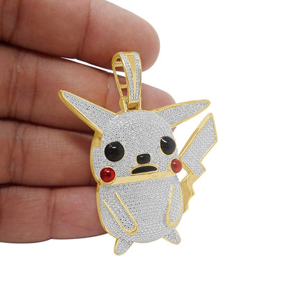 Real Genuine Diamond 0.40 Cwt. Cartoon Character Pikachu Pendant 23 + Grams 10K Gold Over Charm 2.25''