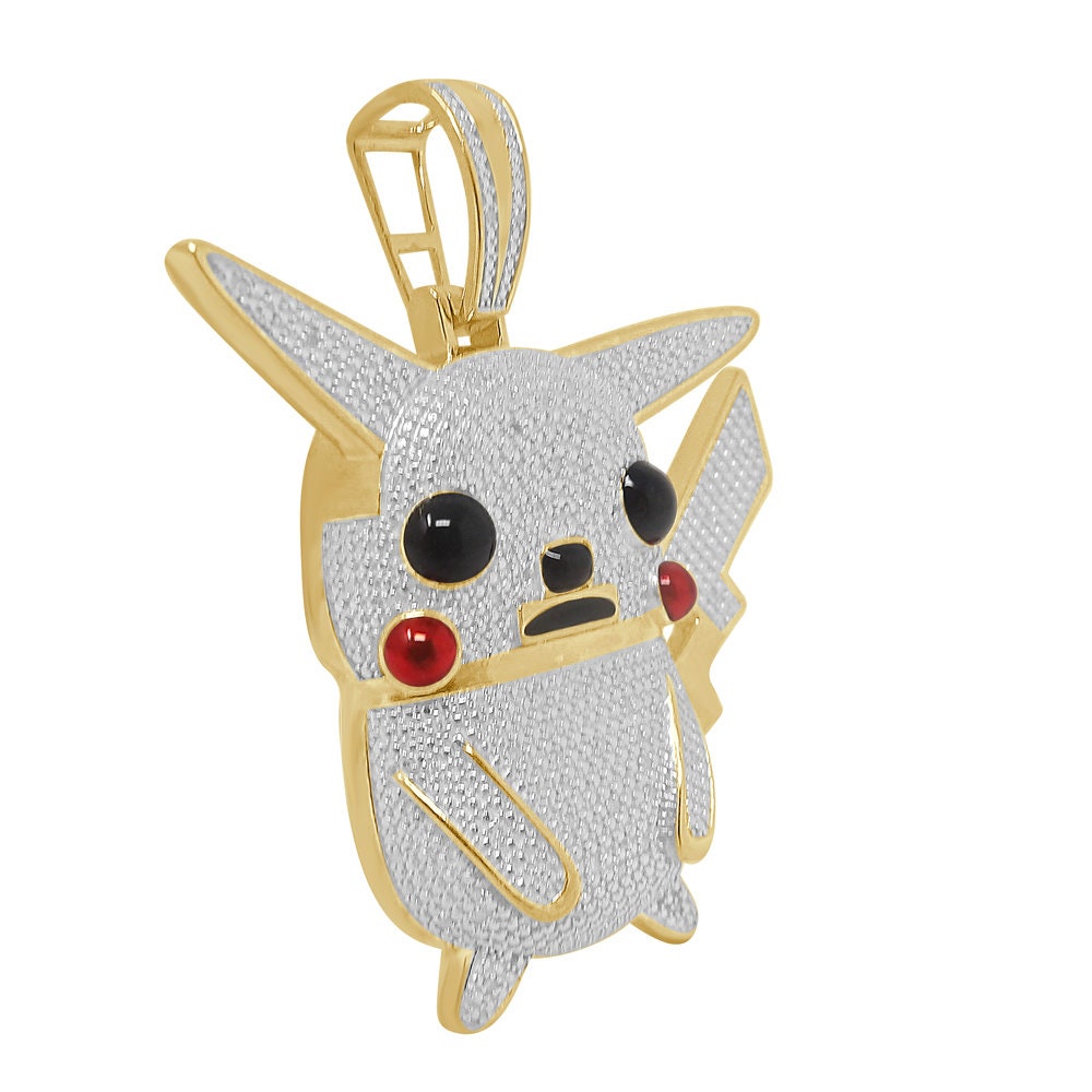 Real Genuine Diamond 0.40 Cwt. Cartoon Character Pikachu Pendant 23 + Grams 10K Gold Over Charm 2.25''