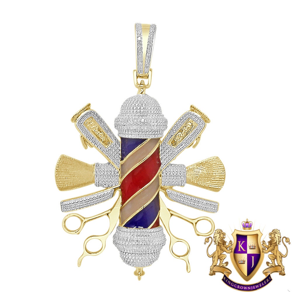 Real Genuine Authentic Diamond 0.40 Cwt. Barber Shop Pole Custom Pendant 26 + Grams 10K Gold Over Charm Big 2.75''