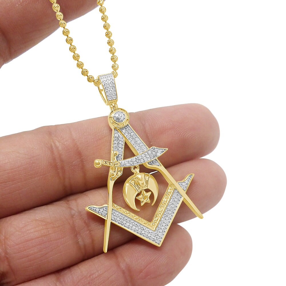 Real Genuine Diamond 15+ Grams Freemasonry Masonic Shriners G Compass Custom Charm Chain Set 10K Gold Over Unisex Pendent Chain Set 2''