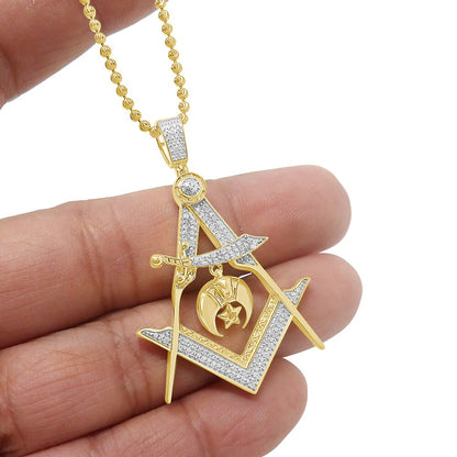 Real Genuine Diamond 15+ Grams Freemasonry Masonic Shriners G Compass Custom Charm Chain Set 10K Gold Over Unisex Pendent Chain Set 2''