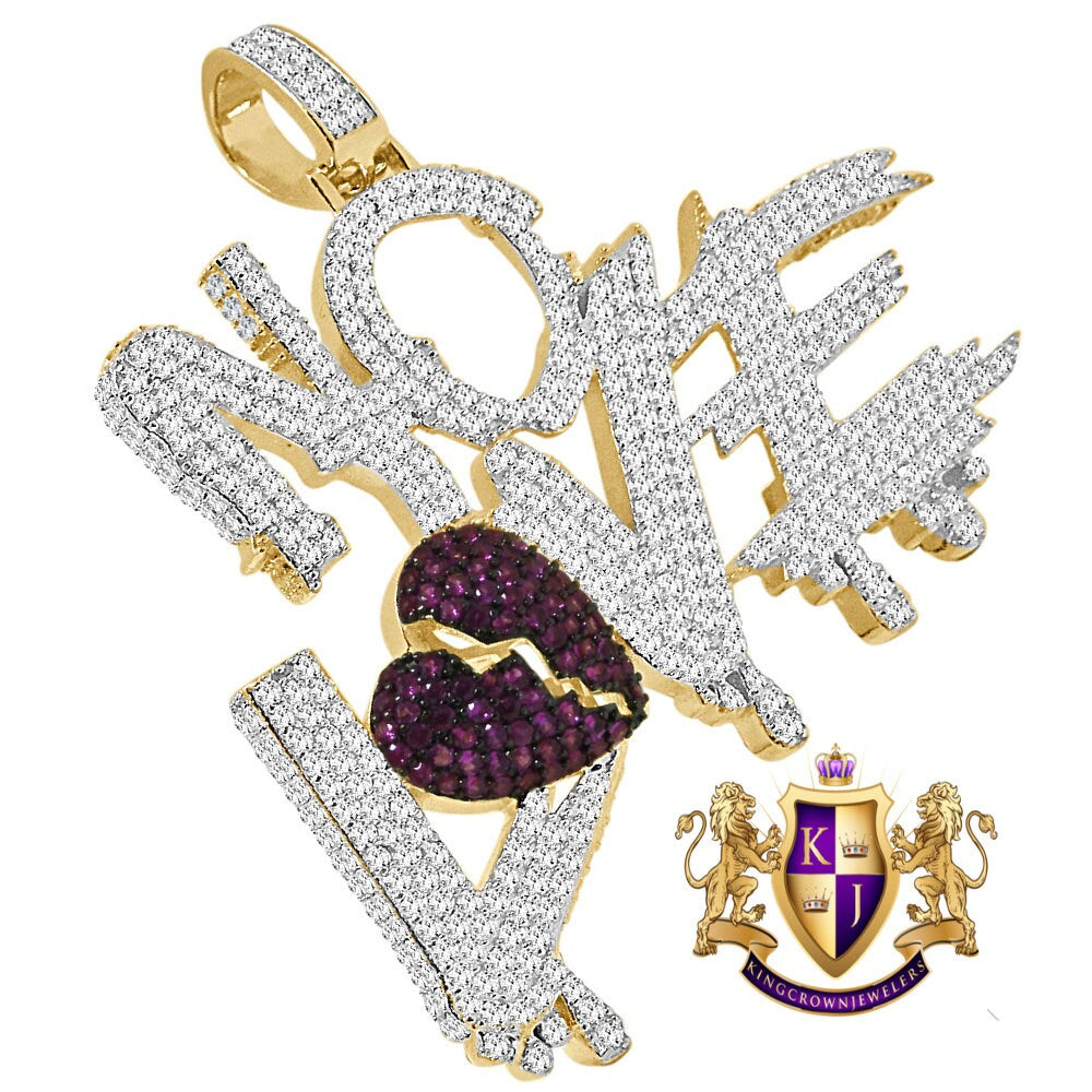 Custom Piece 18+ Grams Shattered Broken Heart No Love Charm 14k Yellow Gold Finish Simulated Diamond Pendent 2''