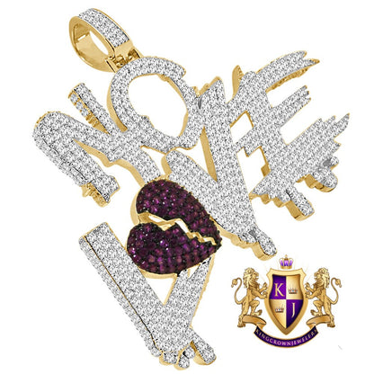Custom Piece 18+ Grams Shattered Broken Heart No Love Charm 14k Yellow Gold Finish Simulated Diamond Pendent 2''