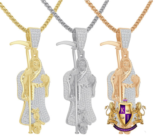 Real Genuine Italian Sterling Silver 14K Gold Over Simulated Diamond Santa Muerte Grim Reaper Angel of Death Pendent Charm Chain Set 2''