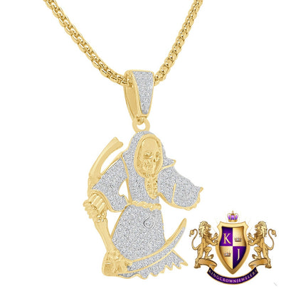 16+ Grams Real Genuine Sterling Silver 14K Gold On 2.00 Cwt. Simulated Diamond Santa Muerte Grim Reaper Angel of Death Pendent Charm + Chain