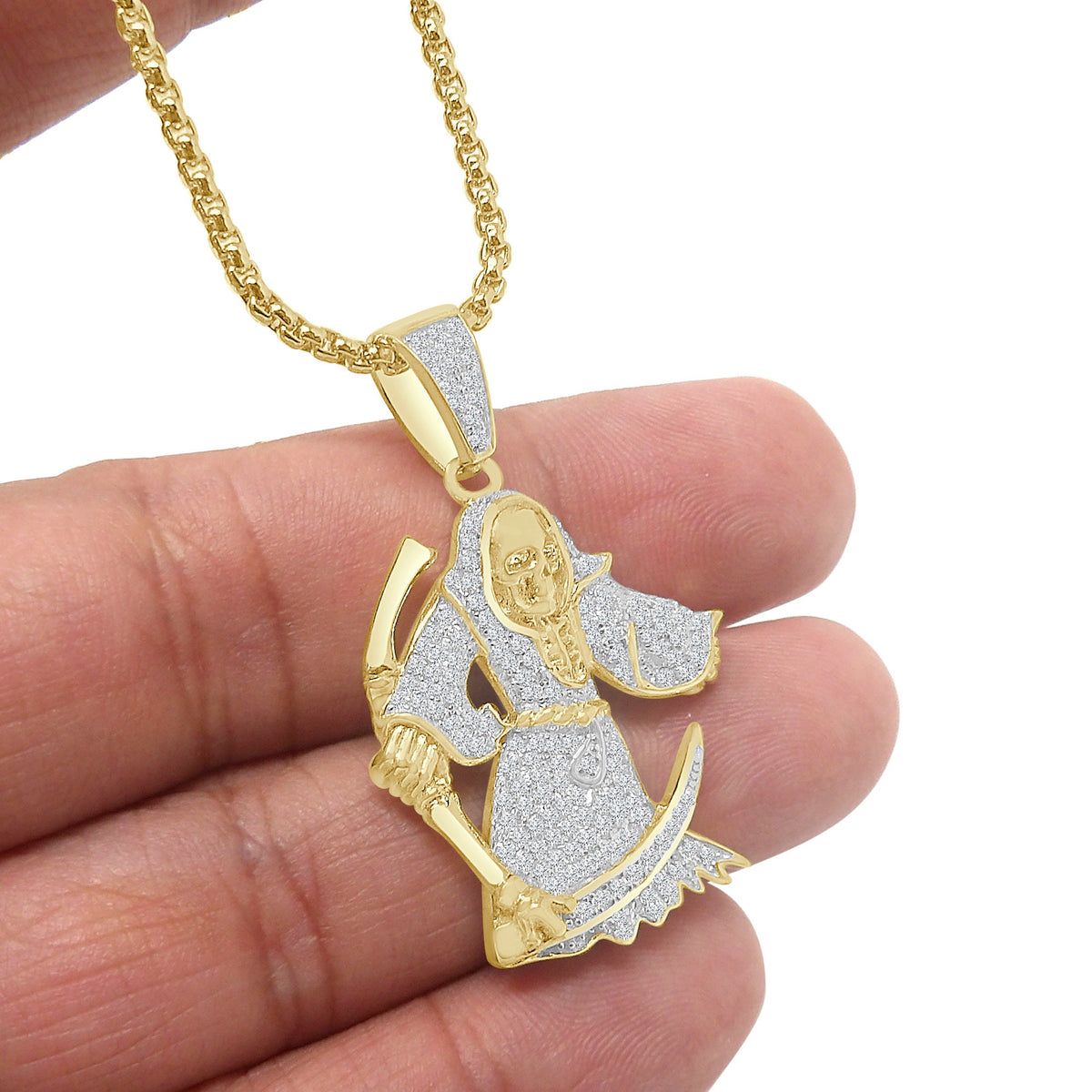 16+ Grams Real Genuine Sterling Silver 14K Gold On 2.00 Cwt. Simulated Diamond Santa Muerte Grim Reaper Angel of Death Pendent Charm + Chain