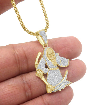 16+ Grams Real Genuine Sterling Silver 14K Gold On 2.00 Cwt. Simulated Diamond Santa Muerte Grim Reaper Angel of Death Pendent Charm + Chain
