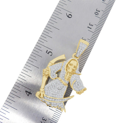 16+ Grams Real Genuine Sterling Silver 14K Gold On 2.00 Cwt. Simulated Diamond Santa Muerte Grim Reaper Angel of Death Pendent Charm + Chain