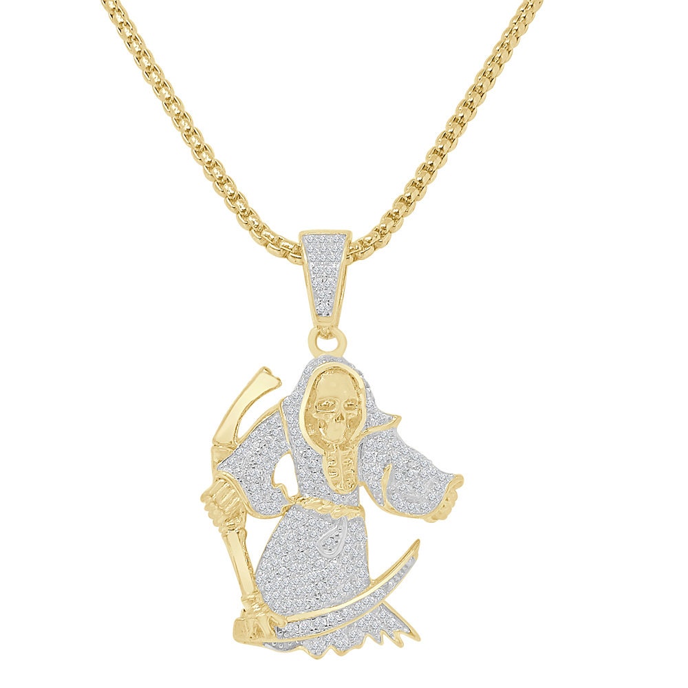 16+ Grams Real Genuine Sterling Silver 14K Gold On 2.00 Cwt. Simulated Diamond Santa Muerte Grim Reaper Angel of Death Pendent Charm + Chain