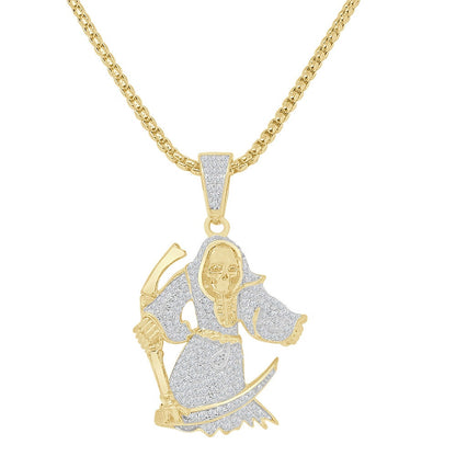 16+ Grams Real Genuine Sterling Silver 14K Gold On 2.00 Cwt. Simulated Diamond Santa Muerte Grim Reaper Angel of Death Pendent Charm + Chain
