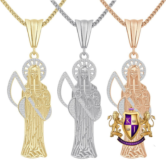 20 + Grams Big 2.85'' Real Sterling Silver 14K Gold Over Simulated Diamond Santa Muerte Grim Reaper Angel of Death Pendent Charm Chain Set