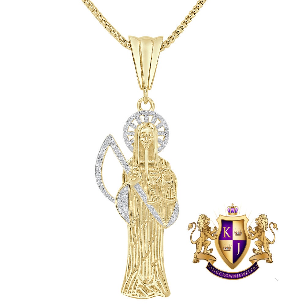 20 + Grams Big 2.85'' Real Sterling Silver 14K Gold Over Simulated Diamond Santa Muerte Grim Reaper Angel of Death Pendent Charm Chain Set