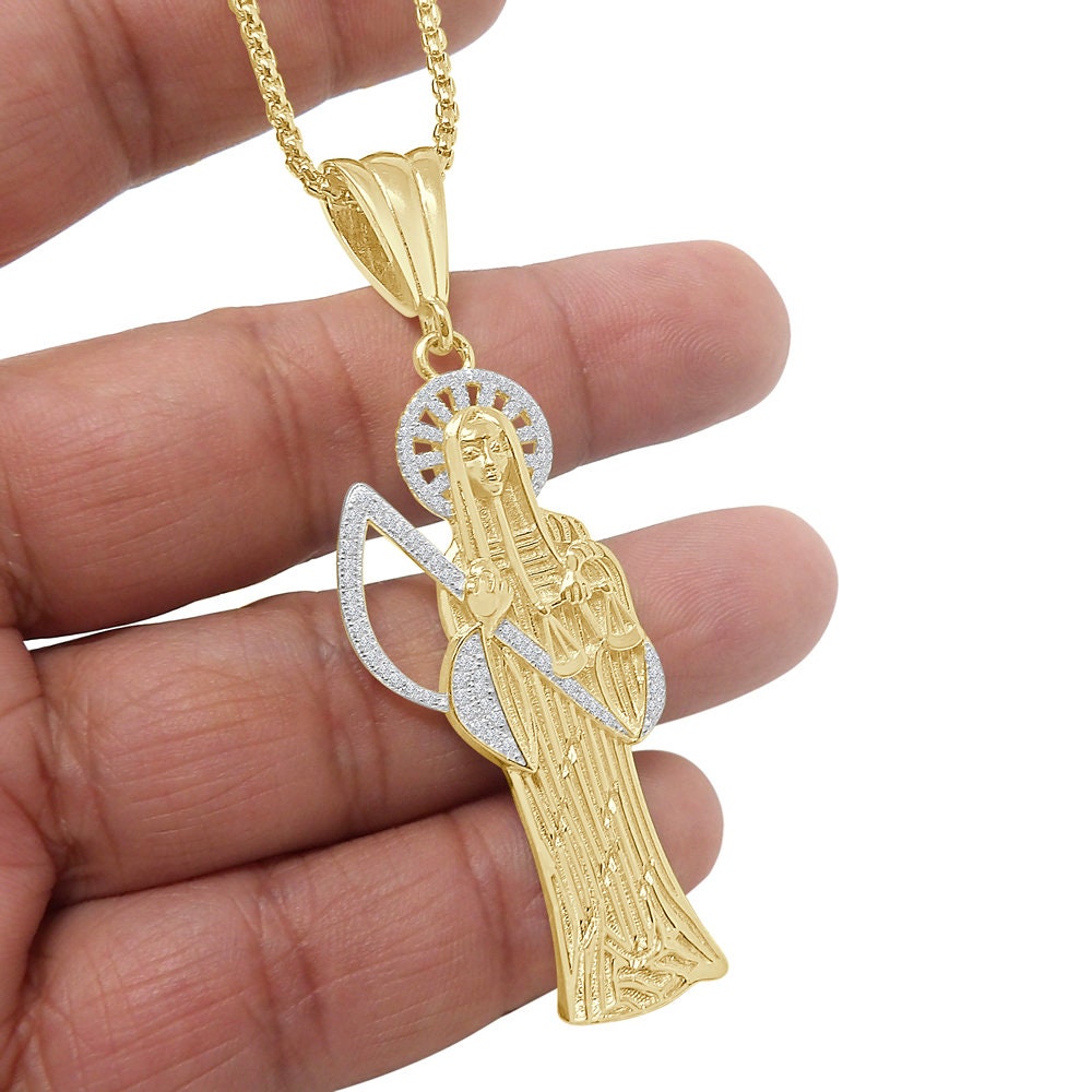 20 + Grams Big 2.85'' Real Sterling Silver 14K Gold Over Simulated Diamond Santa Muerte Grim Reaper Angel of Death Pendent Charm Chain Set