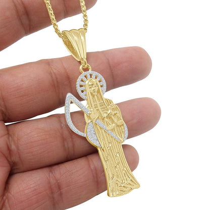 20 + Grams Big 2.85'' Real Sterling Silver 14K Gold Over Simulated Diamond Santa Muerte Grim Reaper Angel of Death Pendent Charm Chain Set