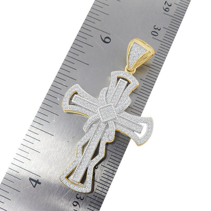 Pure Italian Starling Silver Simulated Diamond 14K Gold Over Jesus Crist Designer Cross Pendent Charm Chain Set 2''