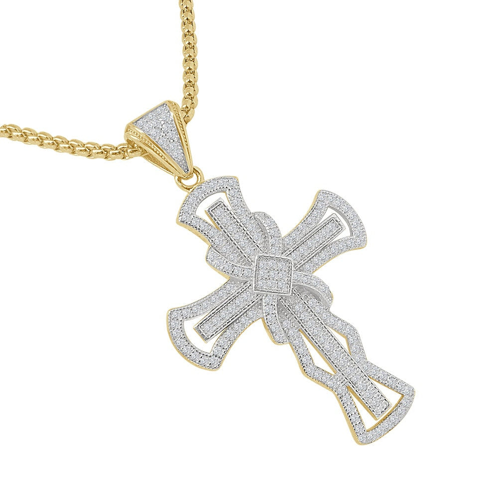 Pure Italian Starling Silver Simulated Diamond 14K Gold Over Jesus Crist Designer Cross Pendent Charm Chain Set 2''