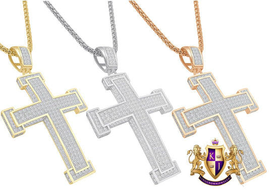 3D Genuine Sterling Silver Simulated Diamond 14K Gold Over Jesus Cross Designer Custom Charm Pendent Chain Set 20 + Grams