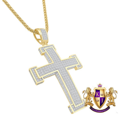 3D Genuine Sterling Silver Simulated Diamond 14K Gold Over Jesus Cross Designer Custom Charm Pendent Chain Set 20 + Grams