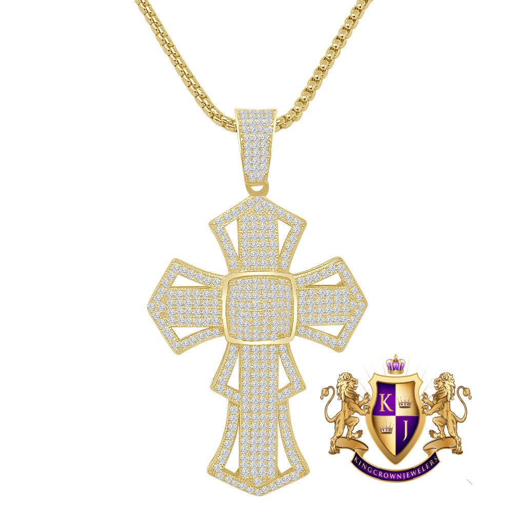 26 + Grams Big 2.5'' Genuine Sterling Silver Simulated Diamond 14K Gold Over Jesus Cross Designer Custom Charm Pendent Chain Set